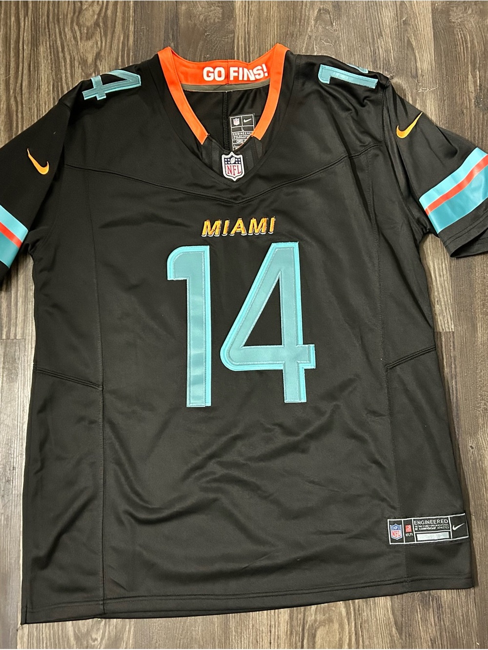 Nike Miami Dolphins Black Jersey with Aqua and Orange Accents - #14